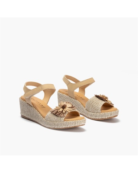 Sandalia Pitillos de mujer con cuña de rafia baja y flor Natural 2