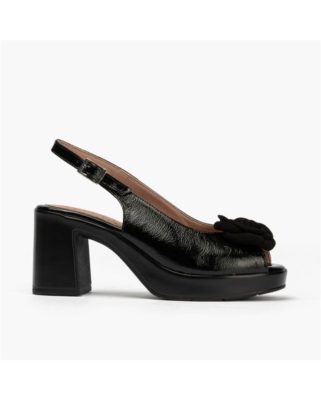 Sandalia de tacón con plataforma Pitillos de mujer con flor tridimensional Negro 1