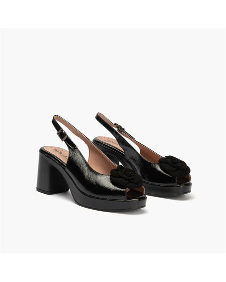 Sandalia de tacón con plataforma Pitillos de mujer con flor tridimensional Negro 2